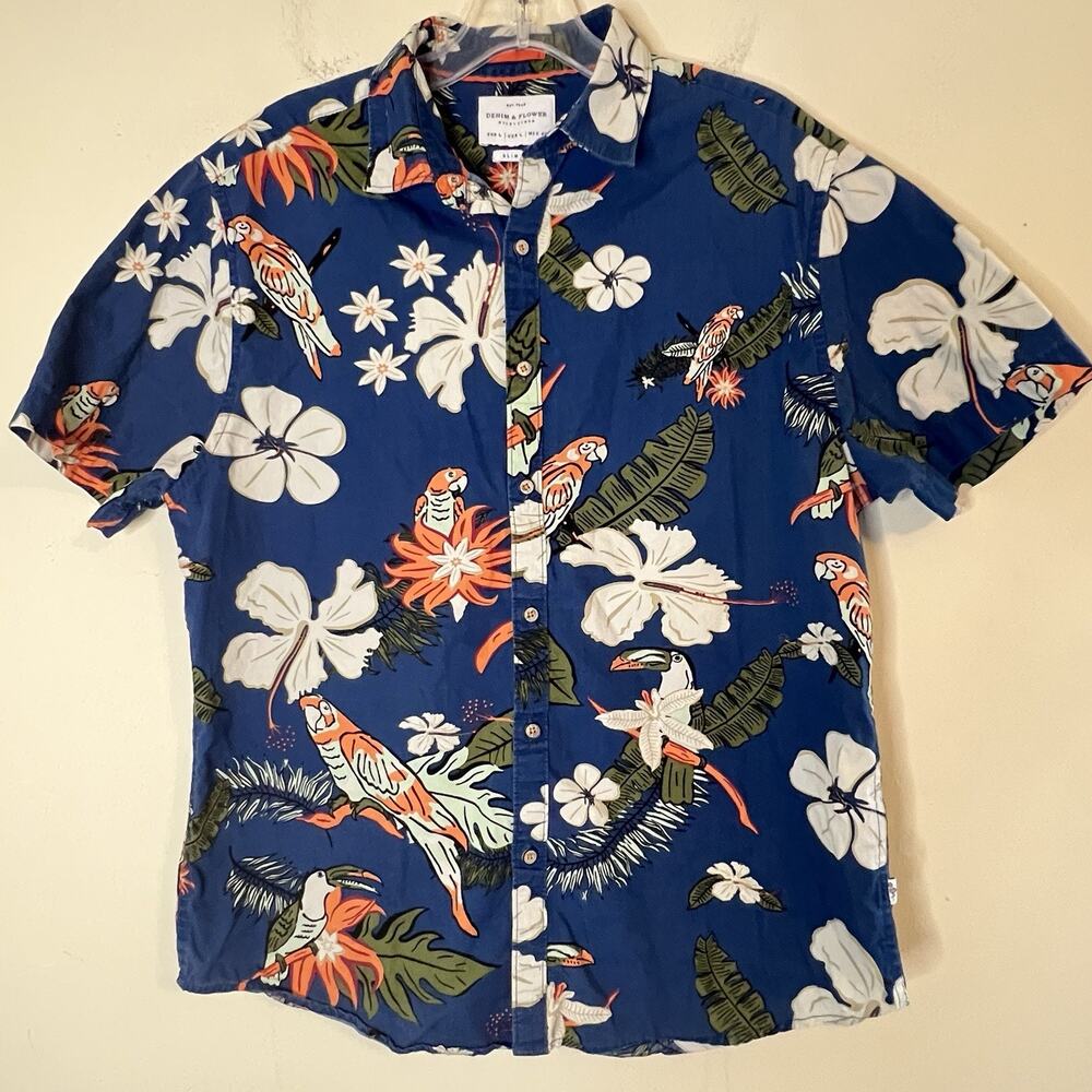 Denim & Flower Hawaiian Shirt Cotton Blue Toucan Parrot Sz Medium Slim Fit Loud